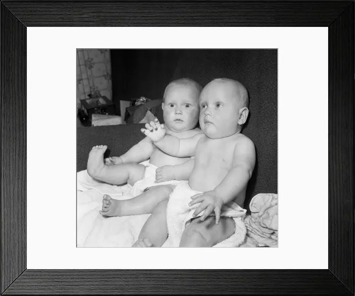 Framed Print : Twins Ian and Robert Kearns who both weighed eight pounds two ounces when they were born Framed Print : Twins Ian and Robert Kearns who both weighed eight pounds two ounces when they were born