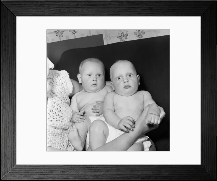 Framed Print : Twins Ian and Robert Kearns who both weighed eight pounds two ounces when they were born Framed Print : Twins Ian and Robert Kearns who both weighed eight pounds two ounces when they were born