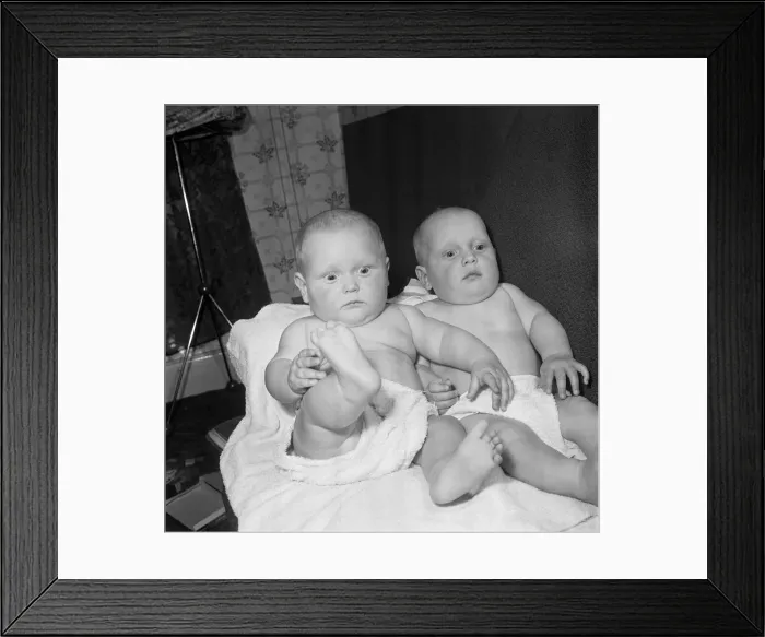 Framed Print : Twins Ian and Robert Kearns who both weighed eight pounds two ounces when they were born Framed Print : Twins Ian and Robert Kearns who both weighed eight pounds two ounces when they were born