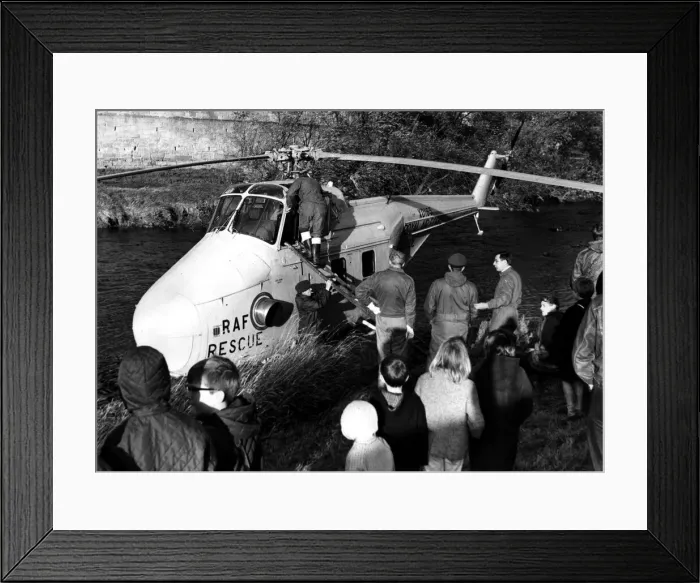 Framed Print : The scene at Rothbury after a RAF search and rescue Westland Whirlwind helicopter made a Framed Print : The scene at Rothbury after a RAF search and rescue Westland Whirlwind helicopter made a