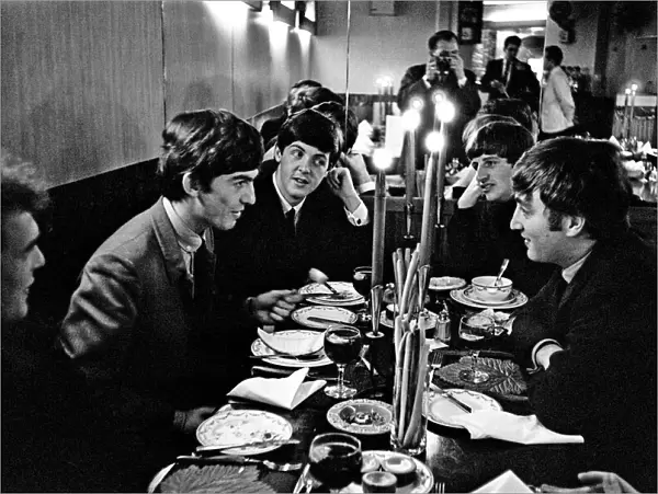 The Beatles, at lunch, London. Left to Right