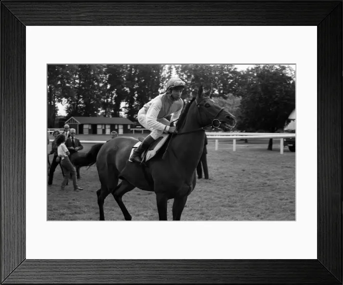 Framed Print : American jockey Steve Cauthen riding Ferryman at Kempton Park, July 1987
