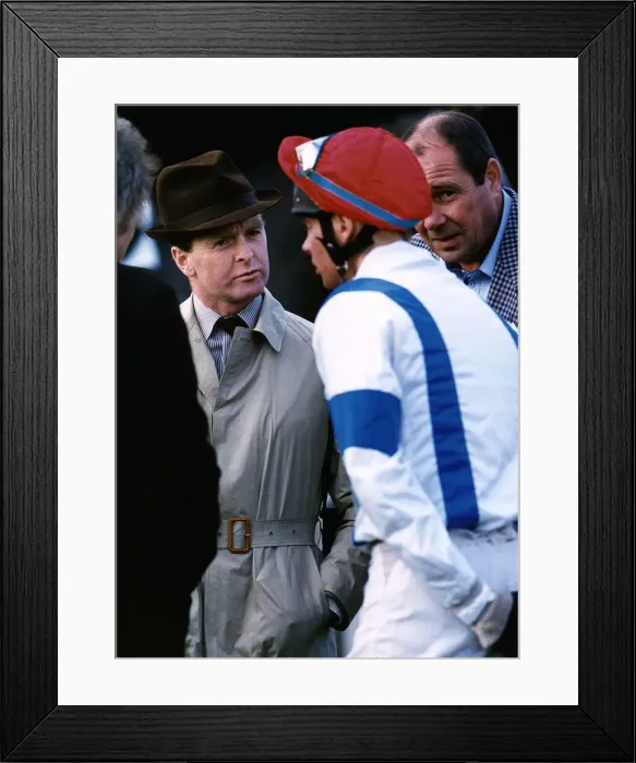 Framed Print : Racehorse Trainer Jonjo O Neil talking with a jockey after a race. Circa 1991 Framed Print : Racehorse Trainer Jonjo O Neil talking with a jockey after a race. Circa 1991