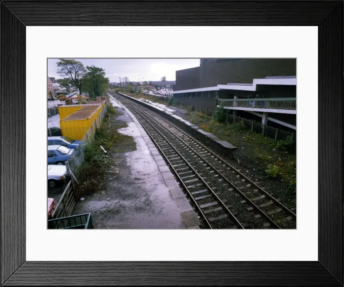 Framed Print : A general view of the disused Ashington Railway Station on 20th October 1992