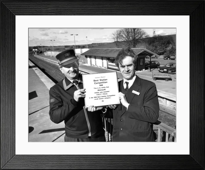Framed Print : Ronnie Breeze and Gordon Wood (right) at Alnmouth Railway Station with their award of Framed Print : Ronnie Breeze and Gordon Wood (right) at Alnmouth Railway Station with their award of