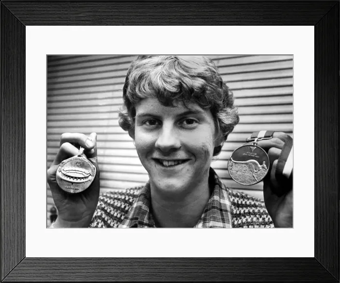 Framed Print : Athlete Steve Cram Steve Cram show off his gold medals won in 1500 metres Framed Print : Athlete Steve Cram Steve Cram show off his gold medals won in 1500 metres