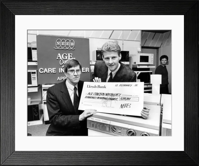 Framed Print : Athlete Steve Cram Steve Cram receives a cheque from Alan Groves of NEEB Framed Print : Athlete Steve Cram Steve Cram receives a cheque from Alan Groves of NEEB