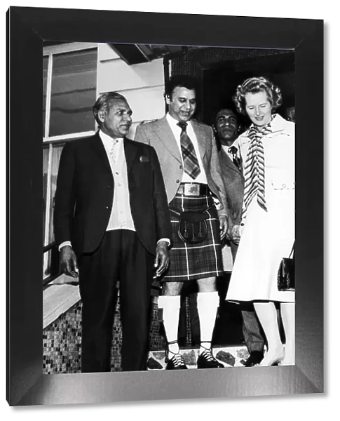 Tory Opposition Leader Margaret Thatcher MP meets the kilted Mustafa Khan at Glasgow