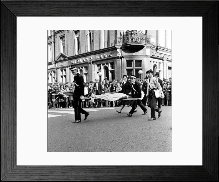 Framed Print : Police try to control fans in the streets of Liverpool before the premiere of The Beatles Framed Print : Police try to control fans in the streets of Liverpool before the premiere of The Beatles