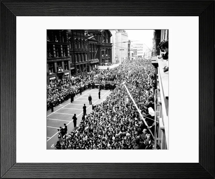 Framed Print : Police try to control fans in the streets of Liverpool before the premiere of The Beatles Framed Print : Police try to control fans in the streets of Liverpool before the premiere of The Beatles