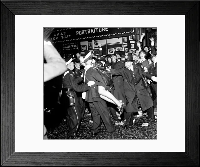 Framed Print : Police try to control fans in the streets of Liverpool before the premiere of The Beatles Framed Print : Police try to control fans in the streets of Liverpool before the premiere of The Beatles