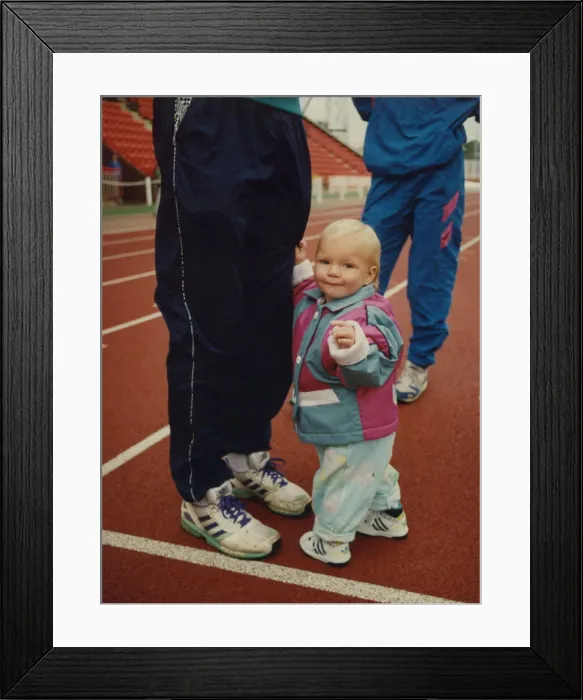 Framed Print : Athlete Steve Cram Steve Cram with his daughter Josie pictured on the running Framed Print : Athlete Steve Cram Steve Cram with his daughter Josie pictured on the running