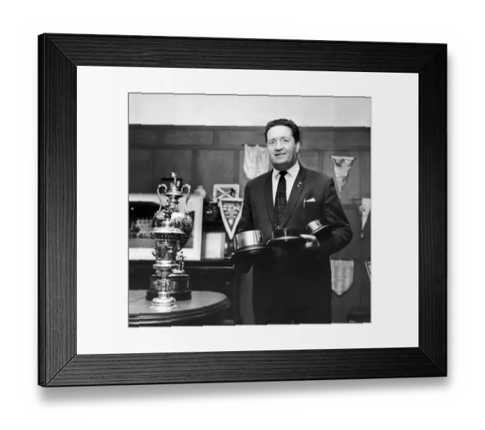 Framed Print : Jock Stein proudly shows off his Celtic trophy cabinet. March 1972