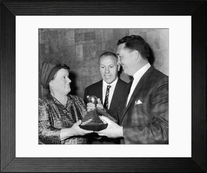 Framed Print : Jock Stein receives a trophy from Mrs Bessie Braddock for the manager of the year award Framed Print : Jock Stein receives a trophy from Mrs Bessie Braddock for the manager of the year award