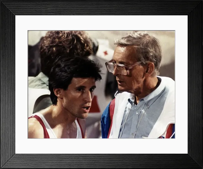 Framed Print : Sebastian Coe talks to his coach. 15th September 1989 Framed Print : Sebastian Coe talks to his coach. 15th September 1989