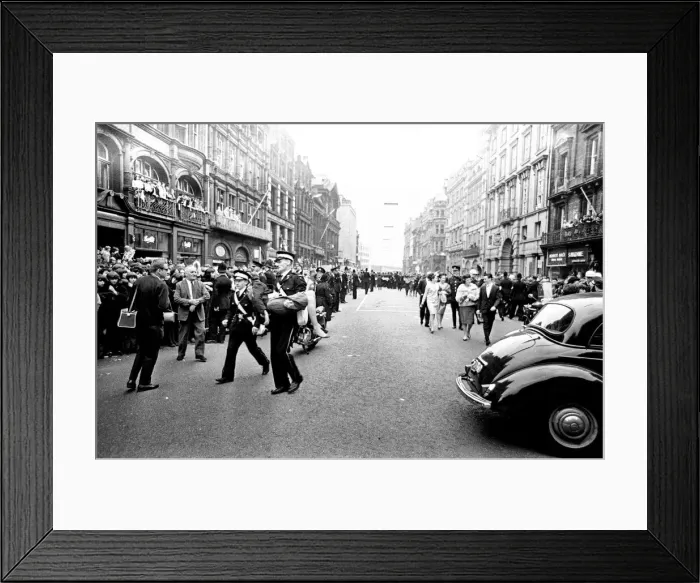 Framed Print : Northern Premier of A Hard Days Night'. Fans line up along the streets in Framed Print : Northern Premier of A Hard Days Night'. Fans line up along the streets in
