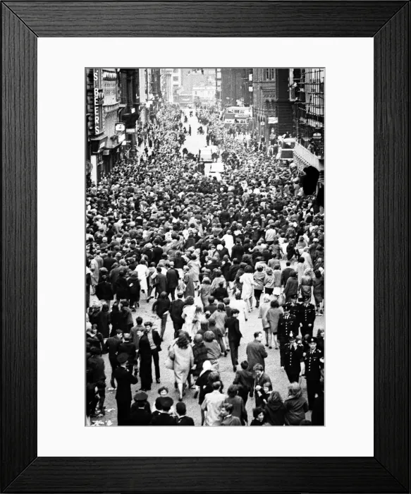 Framed Print : Northern Premier of A Hard Days Night'. Fans line up along the streets in Framed Print : Northern Premier of A Hard Days Night'. Fans line up along the streets in