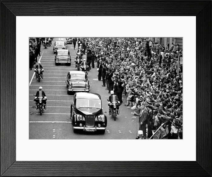 Framed Print : Northern Premier of A Hard Days Night'. Fans line up along the streets in Framed Print : Northern Premier of A Hard Days Night'. Fans line up along the streets in