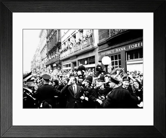 Framed Print : Northern Premier of A Hard Days Night'. Fans line up along the streets in Framed Print : Northern Premier of A Hard Days Night'. Fans line up along the streets in