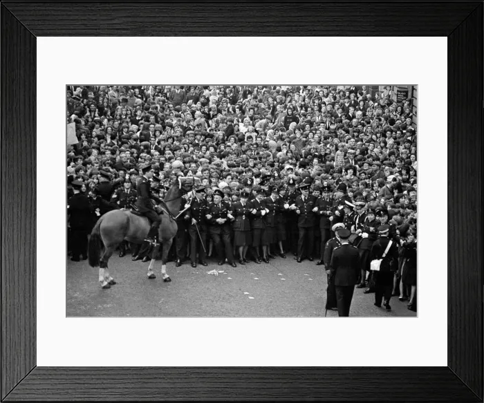 Framed Print : Northern Premier of A Hard Days Night'. Fans line up along the streets in Framed Print : Northern Premier of A Hard Days Night'. Fans line up along the streets in