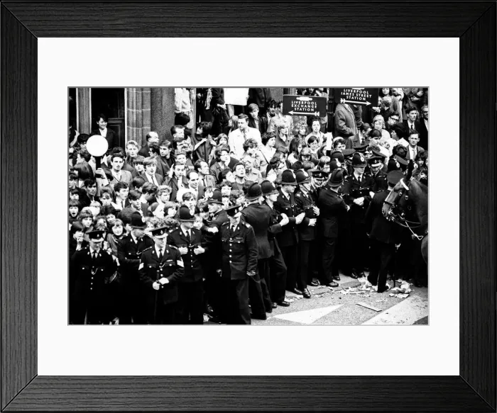 Framed Print : Northern Premier of A Hard Days Night'. Fans line up along the streets in Framed Print : Northern Premier of A Hard Days Night'. Fans line up along the streets in