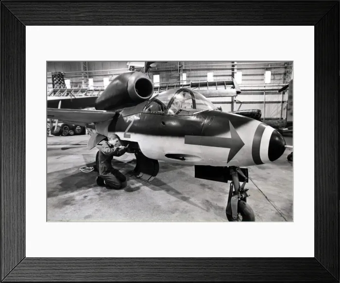 Framed Print : Aviation - RAF St Athan - The Heinkel HE162 Voldsjager fighter lines up for some care Framed Print : Aviation - RAF St Athan - The Heinkel HE162 Voldsjager fighter lines up for some care