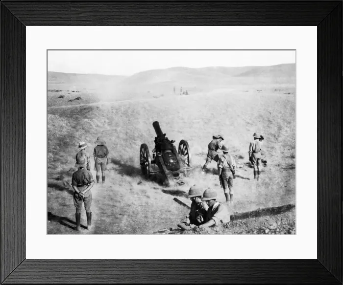 Framed Print : A heavy gun seen in action during General Maudes advance along the Tigris River in Framed Print : A heavy gun seen in action during General Maudes advance along the Tigris River in