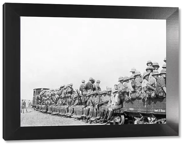 British troops in Palestine being transported up to the front on a light railway