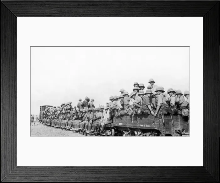 Framed Print : British troops in Palestine being transported up to the front on a light railway