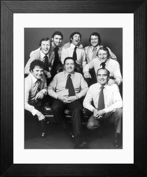 Framed Print : Jock Stein, with scottish players he has helped move into management, 21st September 1977 Framed Print : Jock Stein, with scottish players he has helped move into management, 21st September 1977