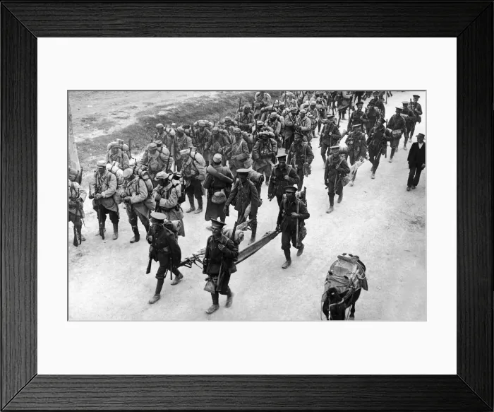 Framed Print : British troops seen here passing French troops who have halted by the roadside Framed Print : British troops seen here passing French troops who have halted by the roadside
