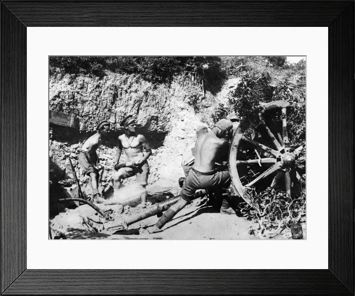 Framed Print : Australian gunners of the 9th Field Battery stripped to the waist operating the Number 4 Framed Print : Australian gunners of the 9th Field Battery stripped to the waist operating the Number 4