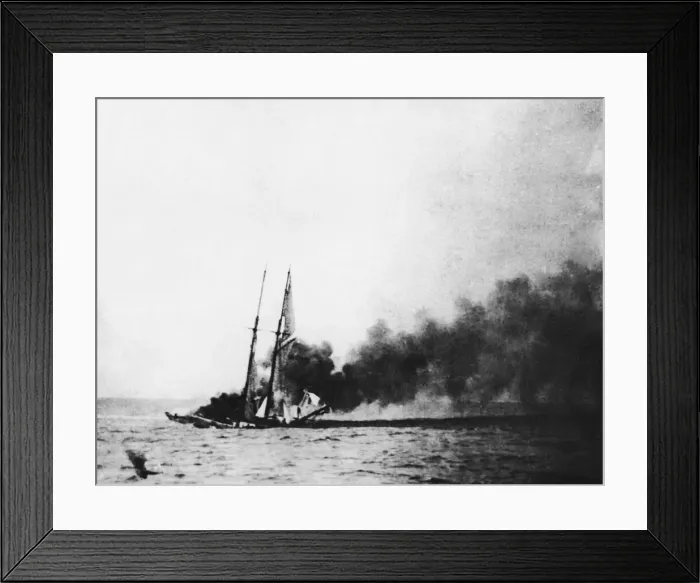 Framed Print : A schooner set on fire by the crew of a German U-Boat. Circa September 1918 Framed Print : A schooner set on fire by the crew of a German U-Boat. Circa September 1918