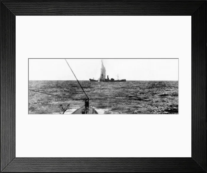 Framed Print : The moment the torpedo from a German U-boat strikes a Allied steamer Framed Print : The moment the torpedo from a German U-boat strikes a Allied steamer