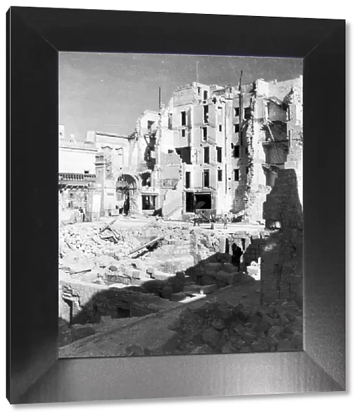Bomb damaged buildings on the Mediterranean island of Malta during the Second World War