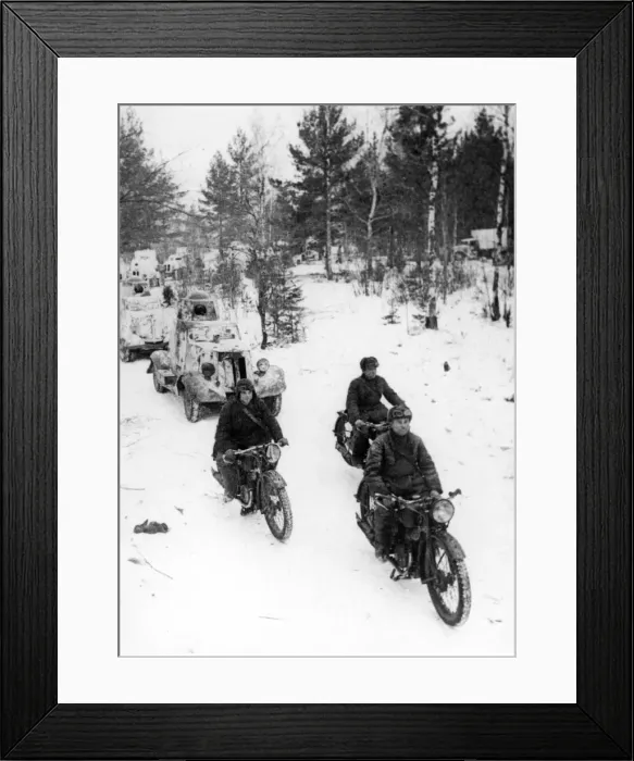 Framed Print : Soviet motor cyclists and armoured cars advancing during the Second World War Framed Print : Soviet motor cyclists and armoured cars advancing during the Second World War