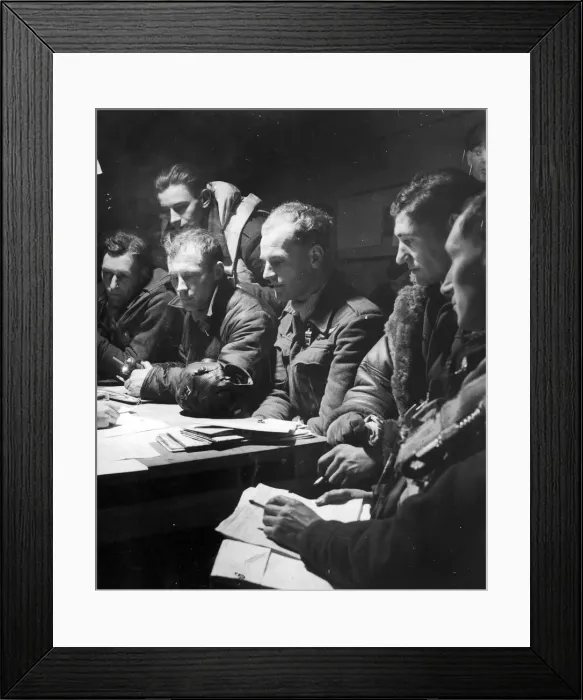 Framed Print : The crew of an RAF Stirling bomber interrorgated after their return from a big raid Framed Print : The crew of an RAF Stirling bomber interrorgated after their return from a big raid