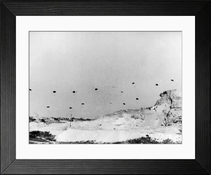 Framed Print : German parachute troops in action landing on the island of Crete