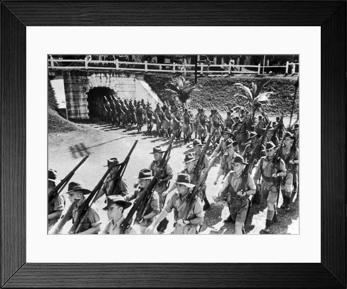 Framed Print : Soldiers of the Australian Imperial Force march into the parade ground in Malaya during Framed Print : Soldiers of the Australian Imperial Force march into the parade ground in Malaya during