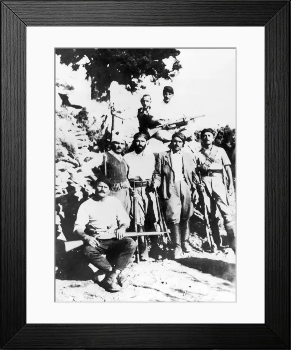 Framed Print : Greek guerialla fighters in the mountains of Crete wearing the traditional headdress Framed Print : Greek guerialla fighters in the mountains of Crete wearing the traditional headdress