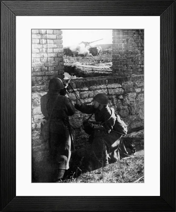 Framed Print : Russian tank destroyers directing their deadly fire at oncoming German tanks during