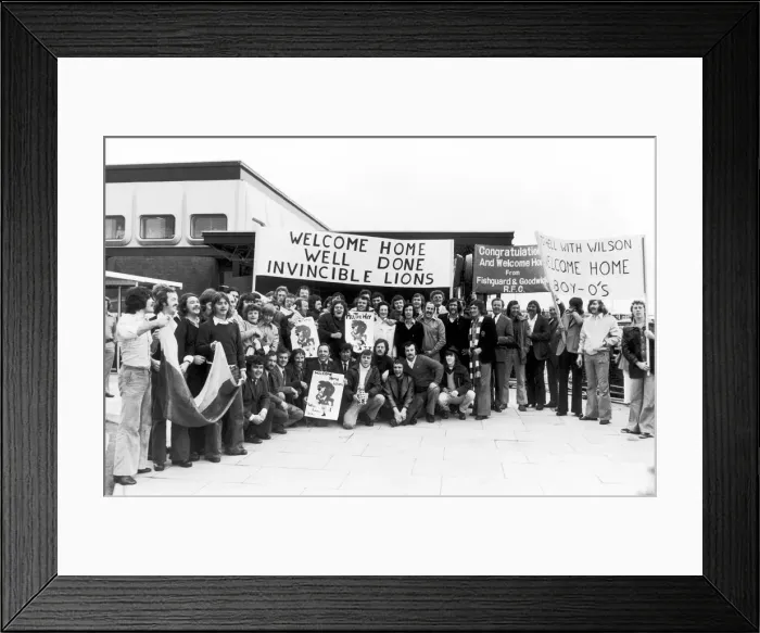 Framed Print : Rugby fans welcome the British Lions home to Heathrow. The banner on the right refers to Framed Print : Rugby fans welcome the British Lions home to Heathrow. The banner on the right refers to