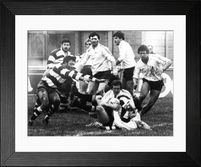 Framed Print : Coventry v Bath 23 November 1981. Bath show the excellence of their back row defence when Framed Print : Coventry v Bath 23 November 1981. Bath show the excellence of their back row defence when