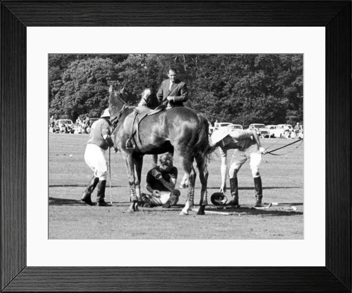 Framed Print : Prince Philip crouches beneath his Horse Lightening after he colided with three others Framed Print : Prince Philip crouches beneath his Horse Lightening after he colided with three others
