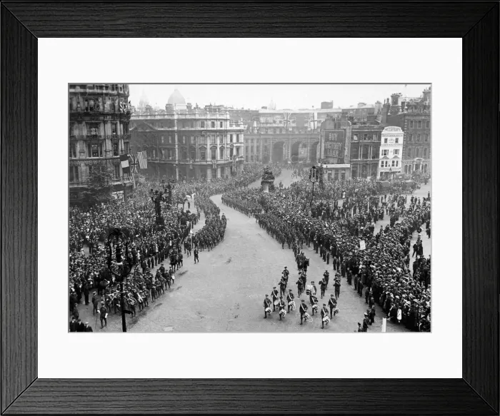 Framed Print : British and Allied troops seen here march through Trafalgar Square during the Victory