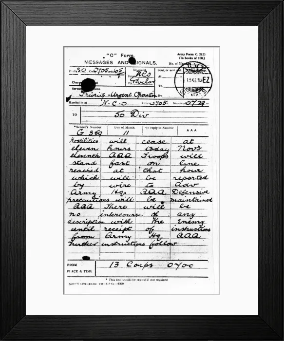 Framed Print : Signal from Allied headquarters to British forces on the western front informing them of