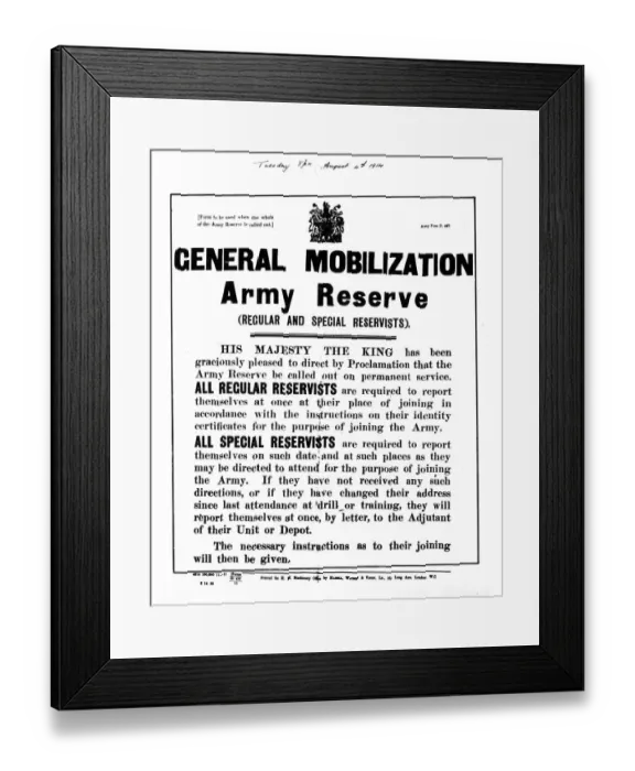 Framed Print : General Mobilization order issued by the UK Government shortly after Britain had declared