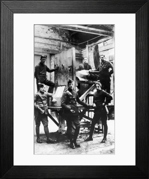Framed Print : Warrant Officer Tom Guttery (centre) seen here in the test house of his workshop at an Framed Print : Warrant Officer Tom Guttery (centre) seen here in the test house of his workshop at an