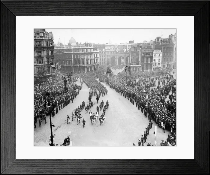 Framed Print : British and Allied troops seen here march through Trafalgar Square during the Victory