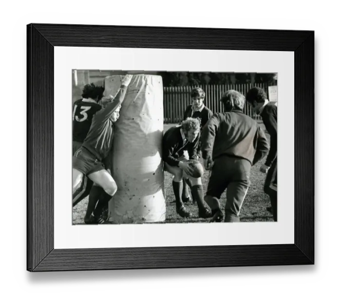 Framed Print : Scotland rugby training 1973 New boy Jock Millican with the ball at the Scots Framed Print : Scotland rugby training 1973 New boy Jock Millican with the ball at the Scots